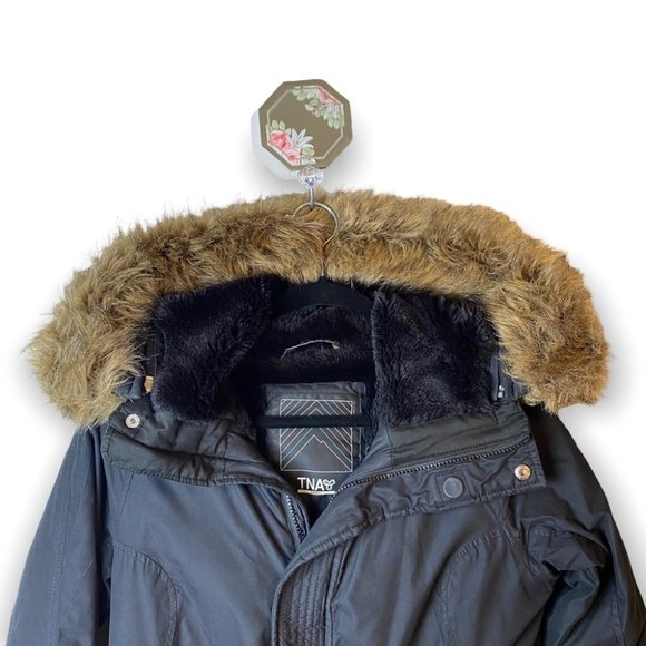 TNA Black Aspen Parka Long Brown Fur Trim Winter Jacket - Picture 6 of 16